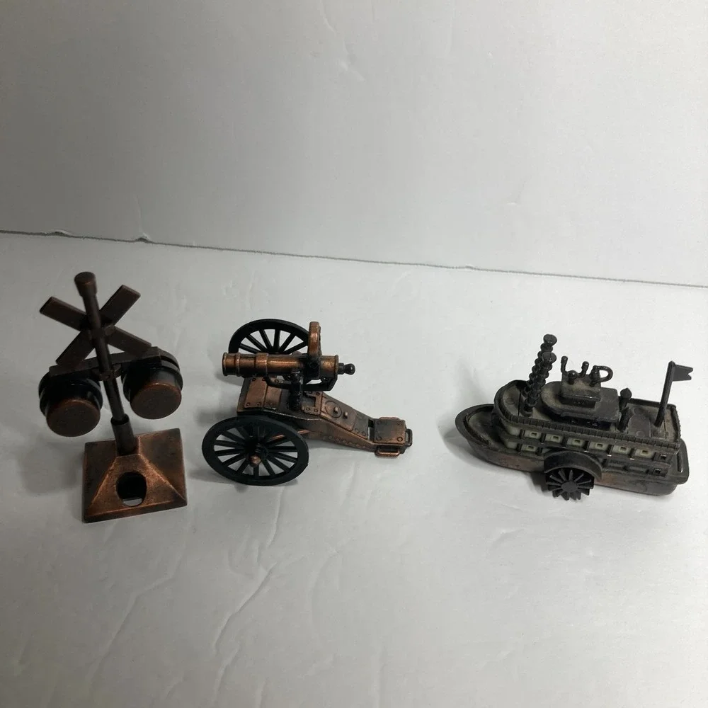 Vintage Metal Pencil Sharpeners Lot‎ of 3 Cannon, Railroad Sign, Steamboat